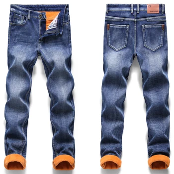 Pozimi toplo flanela stretch kavbojke visoke kakovosti moške zimski flis hlače ravne noge zgrinjati hlače jeans