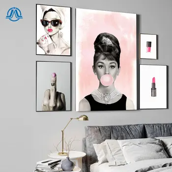 Audrey Hepburn Mehurčki Wall Art Platno Moda Plakat Roza Šminka, Lak Za Nohte Natisne Barvanje Slike Sodobne Soba Dekoracijo