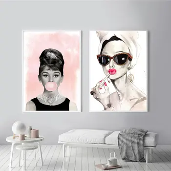 Audrey Hepburn Mehurčki Wall Art Platno Moda Plakat Roza Šminka, Lak Za Nohte Natisne Barvanje Slike Sodobne Soba Dekoracijo