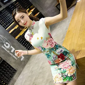 Običajni Dnevni Sodobne Cheongsam Kitajski Obleko Kratek Rokav Poroko Qipao Mini Haljo Chinoise Vestido Orientalski Obleke Qi Pao