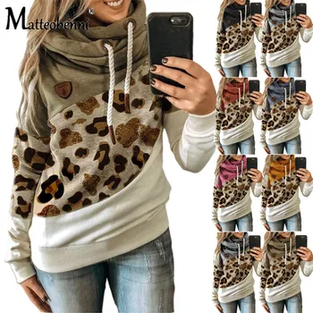 Leopard Natisniti Šivanje Hooded Svoboden Ženske Majica 2020 Jesen/Zima Nov Slog Oblačila Street Fashion Priložnostne Dame Vrhovi