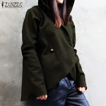 Ženske Jakne ZANZEA 2021 Priložnostne Hooded Dvojno Zapenjanje Outwear Moda Jesenski Plašč Ženski Asimetrični Sweatshirts Površniki