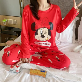 Disney Mickey Mouse Ženske Dolg Rokav Pižamo Nastavite Pomlad Dekleta Mleko Svilene Ženski Mujer Sleepwear More Domov Oblačila