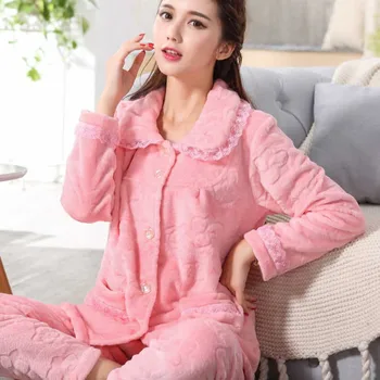 Pozimi Flanela Toplo Ženske Pižame Določa Dolg Rokav Sleepwear Pižamo Set za Dekle Pižame Debele Koralni Žamet Nightgown