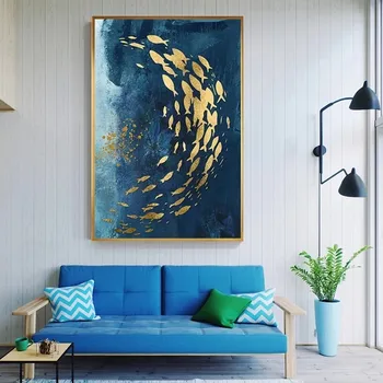Povzetek Zlata Riba Kitajski Platno Slikarstvo Big Blue Plakat in Tiskanje Razkošno Stenskih slikah, Za Dnevna Soba Dekoracijo Cuadr