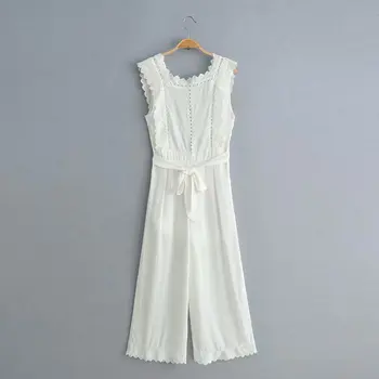 Elegantno eleganten bombaž bela jumpsuit ženske sashes oblog svoboden pasu plus velikost o vratu poletje jesen počitnice dolgo, igralne obleke