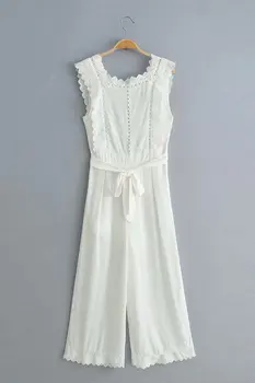 Elegantno eleganten bombaž bela jumpsuit ženske sashes oblog svoboden pasu plus velikost o vratu poletje jesen počitnice dolgo, igralne obleke