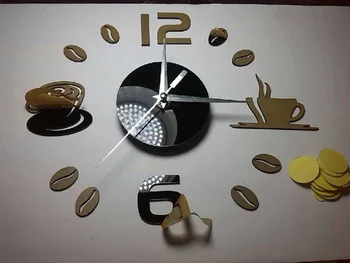 3D Ogledalo Stenske Ure Samolepilni Izklop Akril Umetnosti Kuhinja Ure DIY Coffee Bean Skodelico Kave Dekor Stenske Nalepke Wall Decor-2
