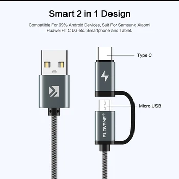 FLOVEME QC 3.0 Kabel USB, Micro USB Tip C 2 v 1 za Hitro Polnjenje Kabel Za Samsung Galaxy S9 Note8 Za Huawei p20 Redmi opomba 5 pro